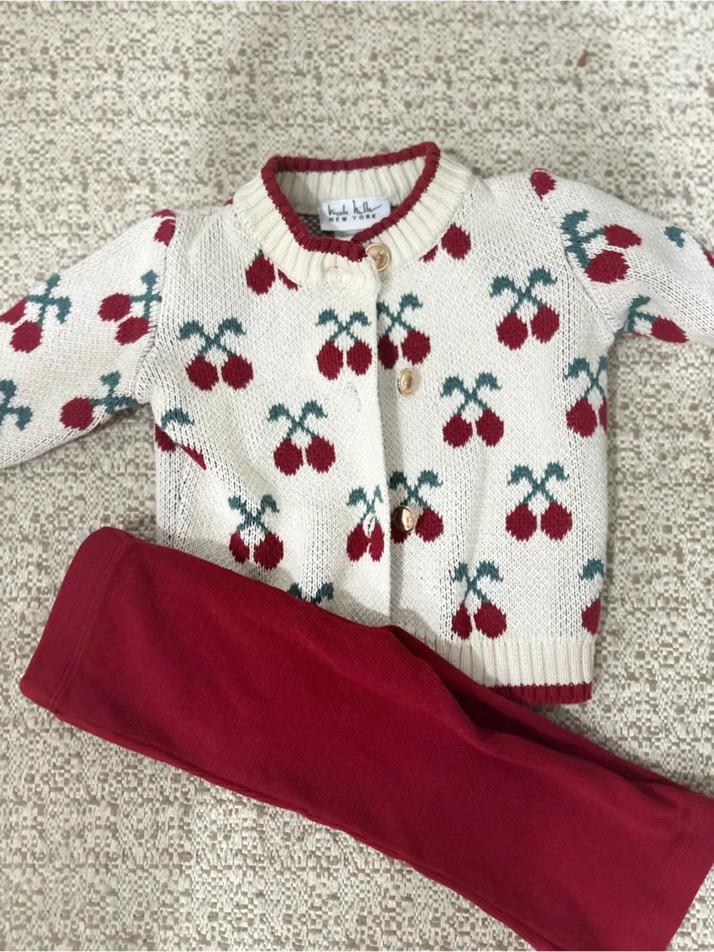 Nicole Miller Cream Cherry Print Cardigan with Red Leggings 2 outfits